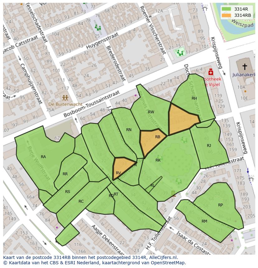 Afbeelding van het postcodegebied 3314 RB op de kaart.