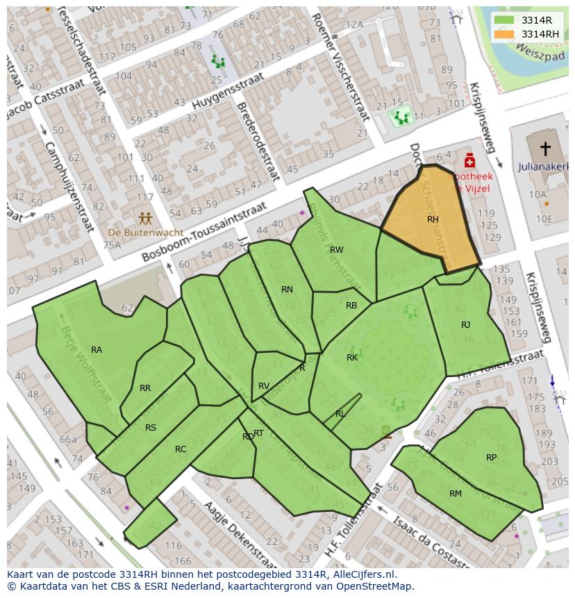 Afbeelding van het postcodegebied 3314 RH op de kaart.