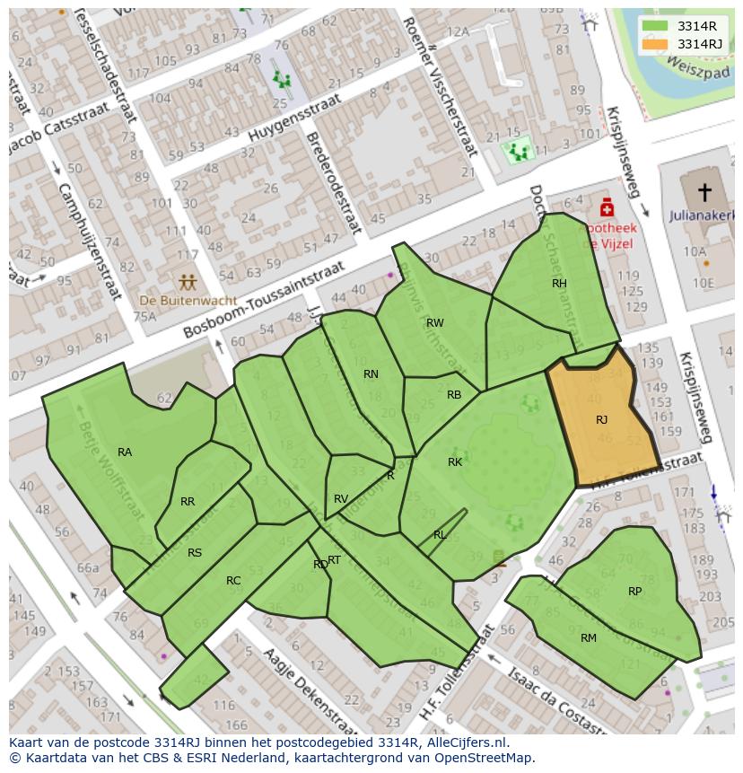 Afbeelding van het postcodegebied 3314 RJ op de kaart.