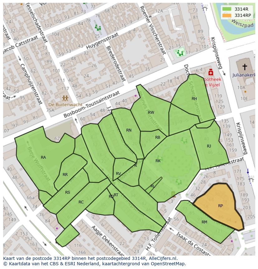 Afbeelding van het postcodegebied 3314 RP op de kaart.