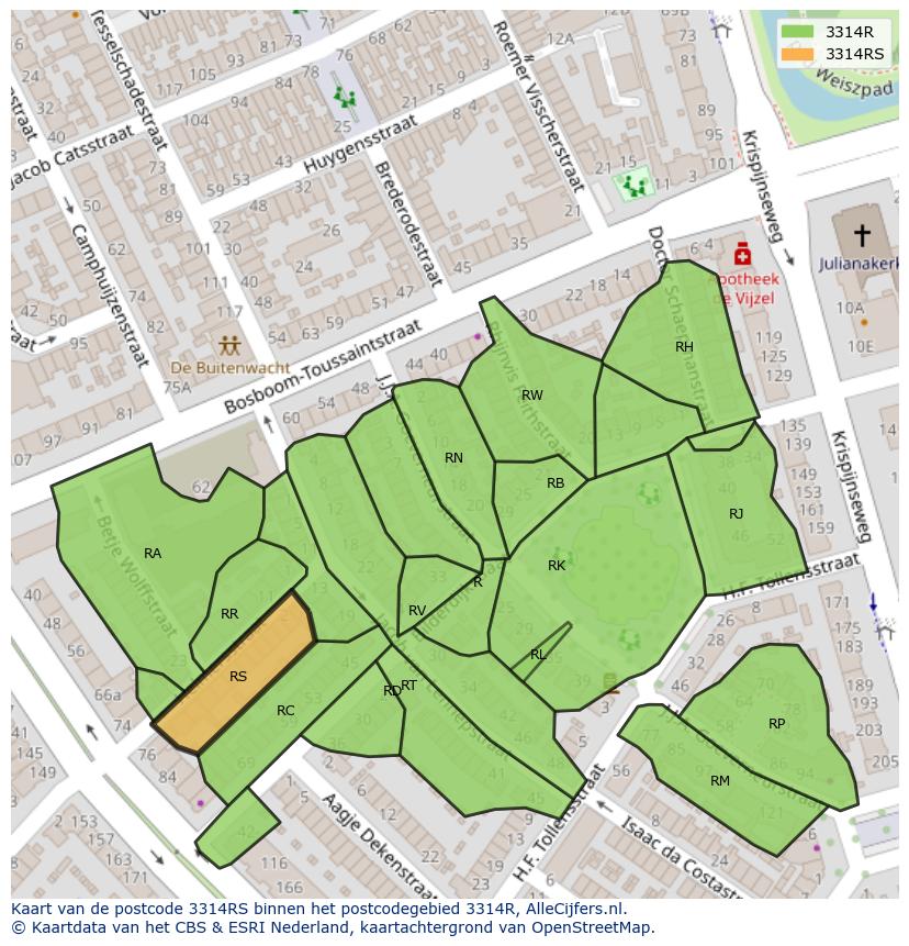 Afbeelding van het postcodegebied 3314 RS op de kaart.