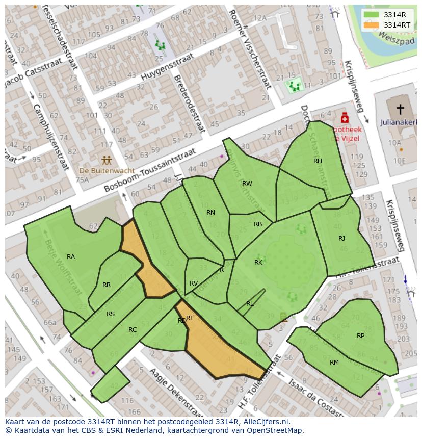 Afbeelding van het postcodegebied 3314 RT op de kaart.