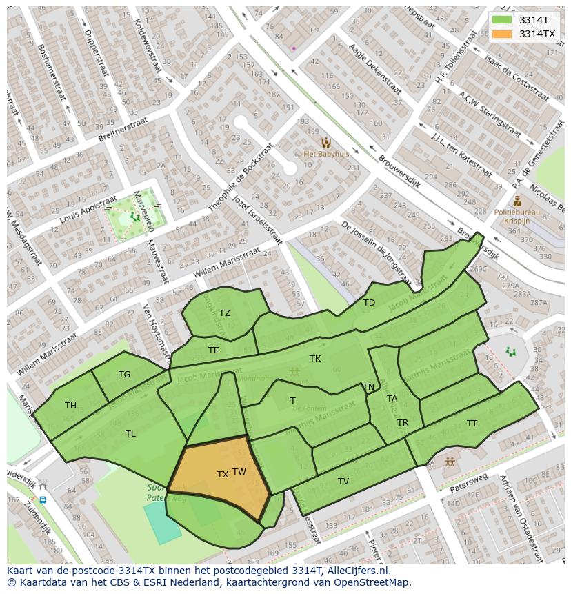 Afbeelding van het postcodegebied 3314 TX op de kaart.