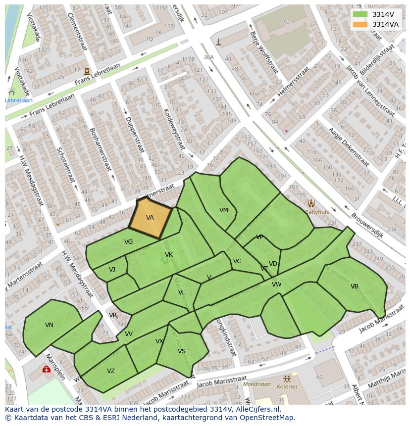 Afbeelding van het postcodegebied 3314 VA op de kaart.