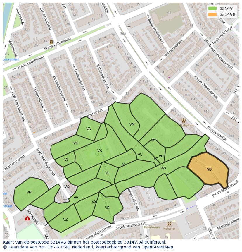 Afbeelding van het postcodegebied 3314 VB op de kaart.