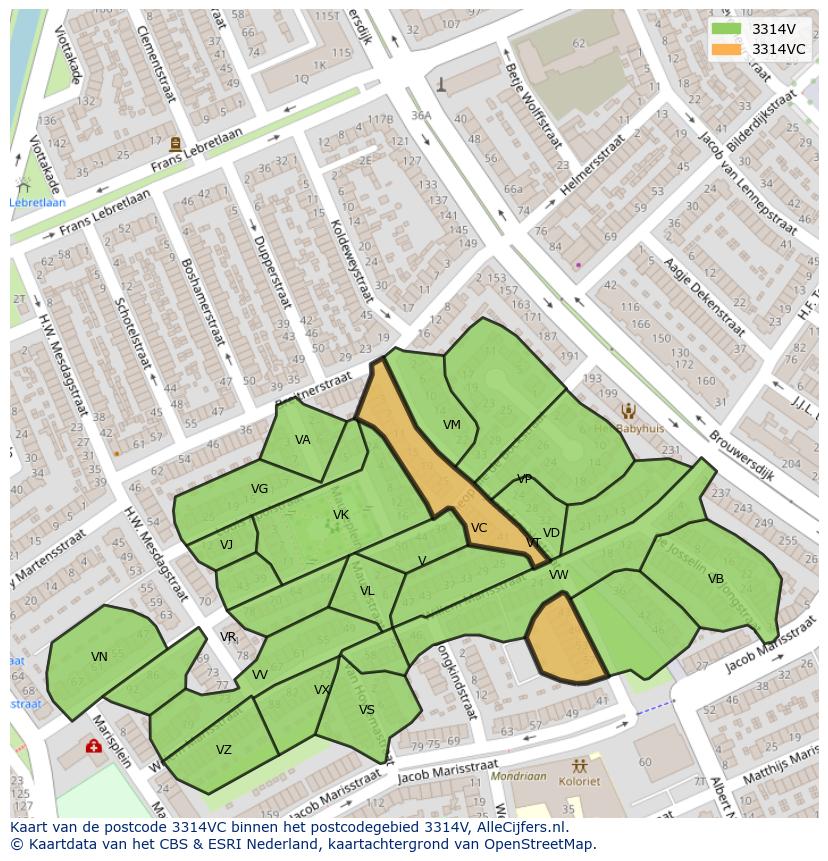 Afbeelding van het postcodegebied 3314 VC op de kaart.