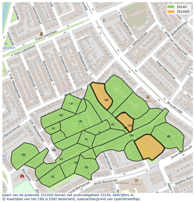 Afbeelding van het postcodegebied 3314 VD op de kaart.