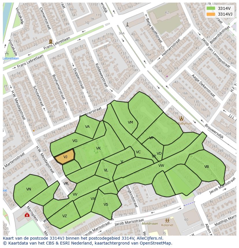 Afbeelding van het postcodegebied 3314 VJ op de kaart.