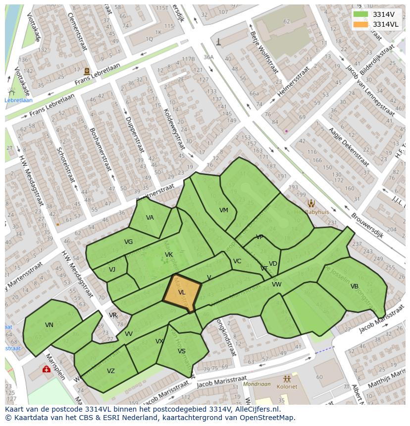 Afbeelding van het postcodegebied 3314 VL op de kaart.