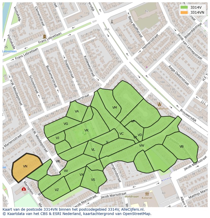 Afbeelding van het postcodegebied 3314 VN op de kaart.