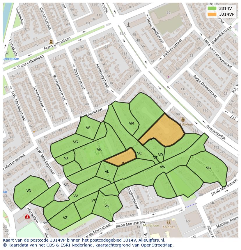 Afbeelding van het postcodegebied 3314 VP op de kaart.
