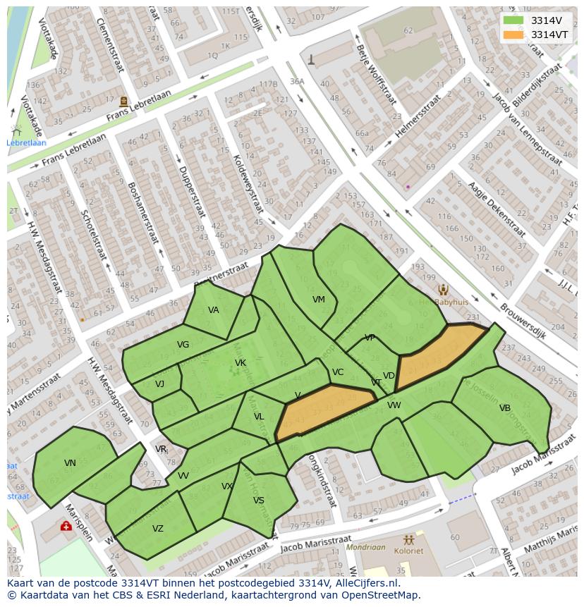 Afbeelding van het postcodegebied 3314 VT op de kaart.