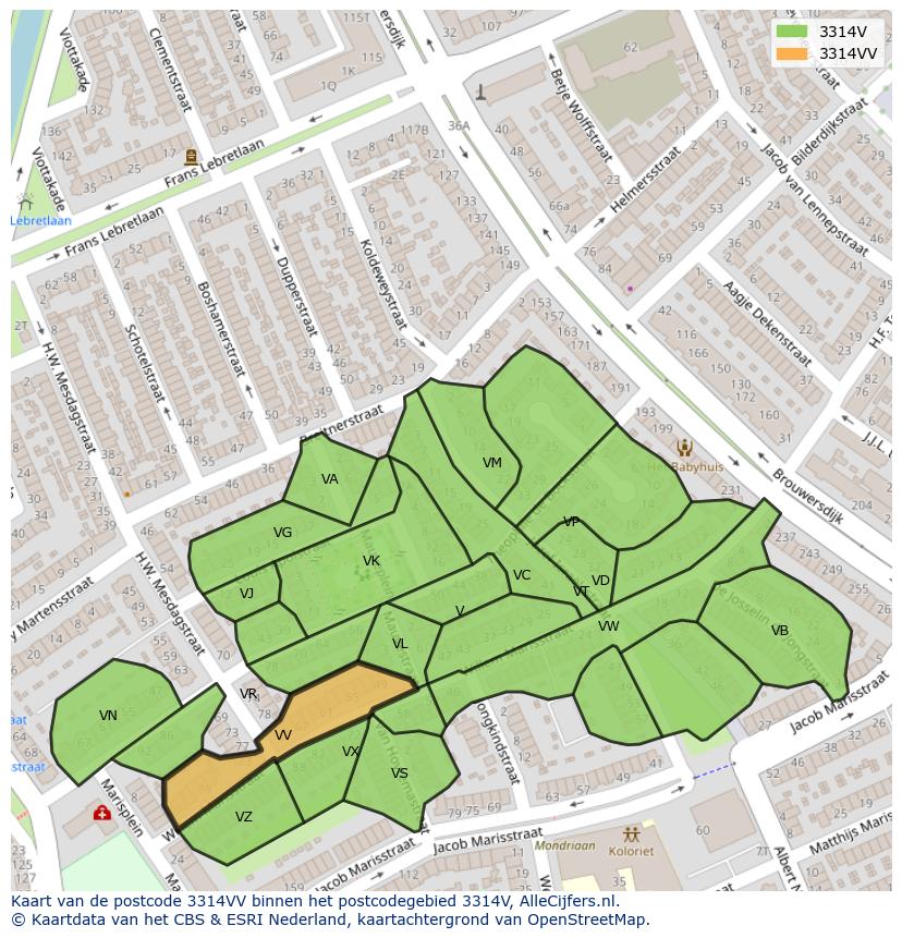 Afbeelding van het postcodegebied 3314 VV op de kaart.