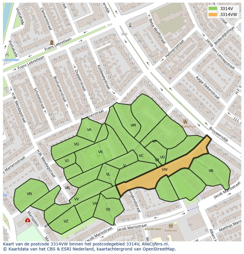 Afbeelding van het postcodegebied 3314 VW op de kaart.