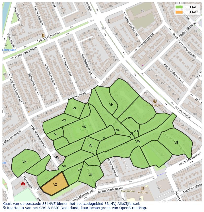 Afbeelding van het postcodegebied 3314 VZ op de kaart.