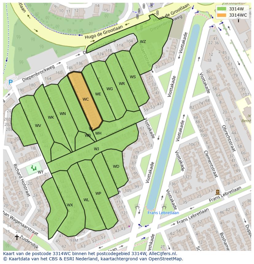Afbeelding van het postcodegebied 3314 WC op de kaart.