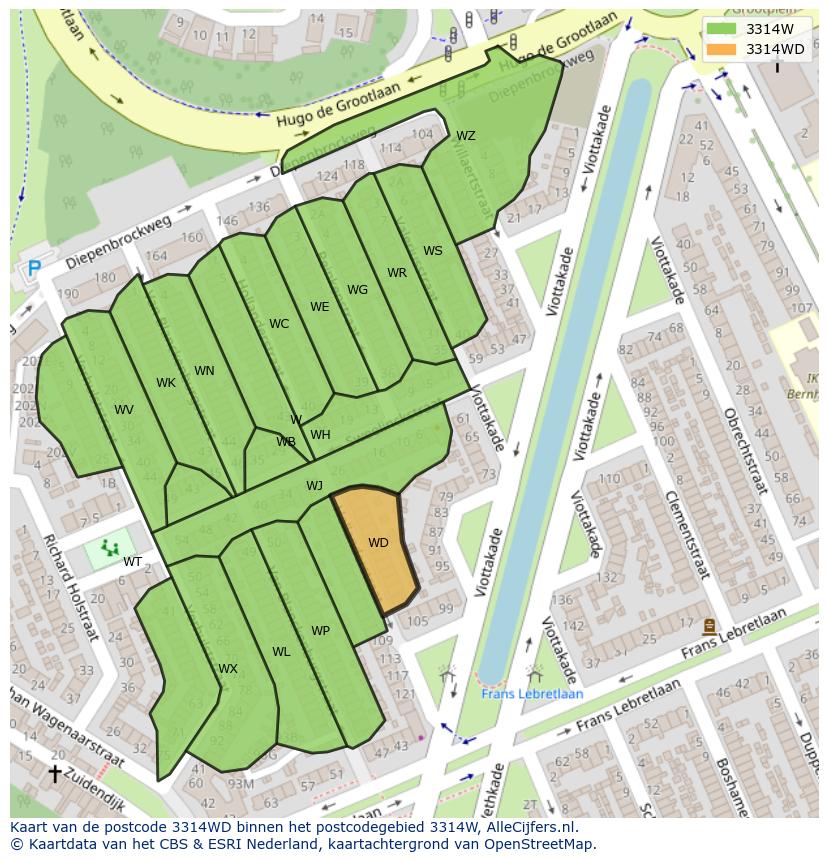 Afbeelding van het postcodegebied 3314 WD op de kaart.