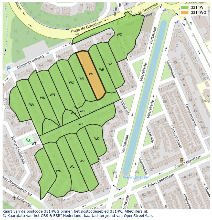 Afbeelding van het postcodegebied 3314 WG op de kaart.