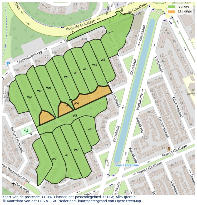 Afbeelding van het postcodegebied 3314 WH op de kaart.
