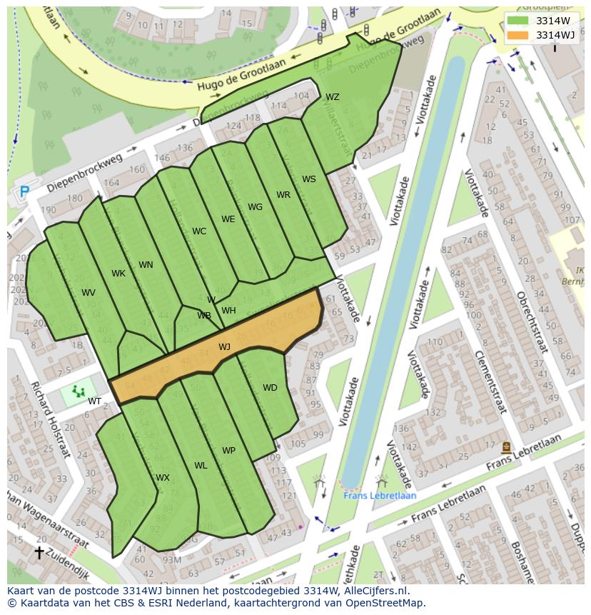 Afbeelding van het postcodegebied 3314 WJ op de kaart.