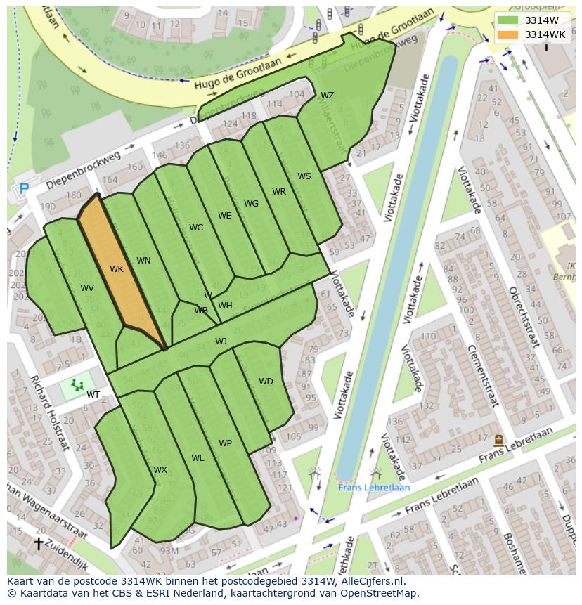 Afbeelding van het postcodegebied 3314 WK op de kaart.