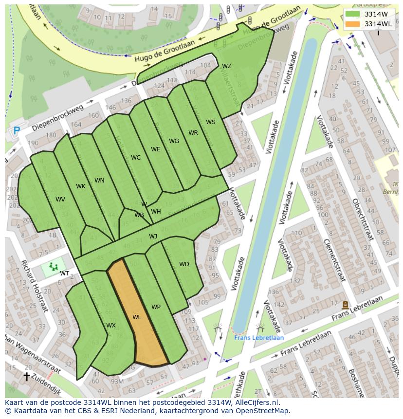 Afbeelding van het postcodegebied 3314 WL op de kaart.