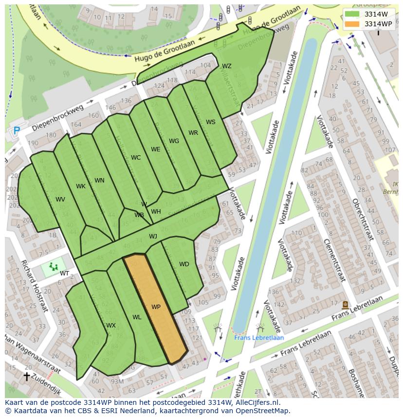 Afbeelding van het postcodegebied 3314 WP op de kaart.