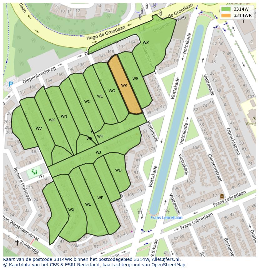 Afbeelding van het postcodegebied 3314 WR op de kaart.