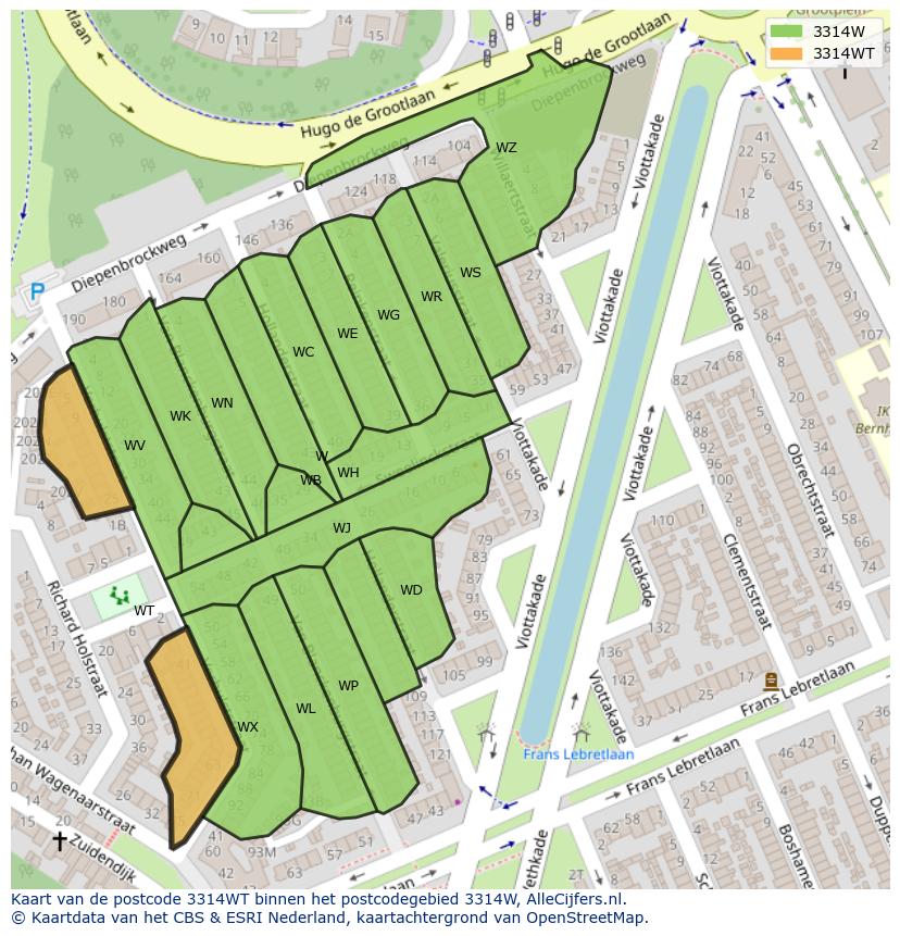 Afbeelding van het postcodegebied 3314 WT op de kaart.
