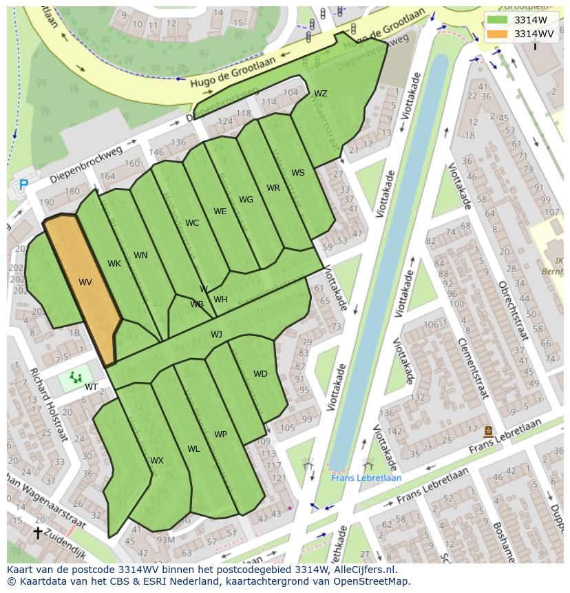 Afbeelding van het postcodegebied 3314 WV op de kaart.