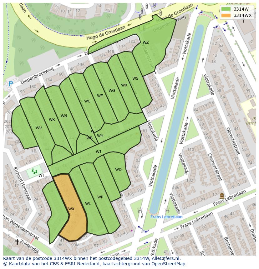 Afbeelding van het postcodegebied 3314 WX op de kaart.