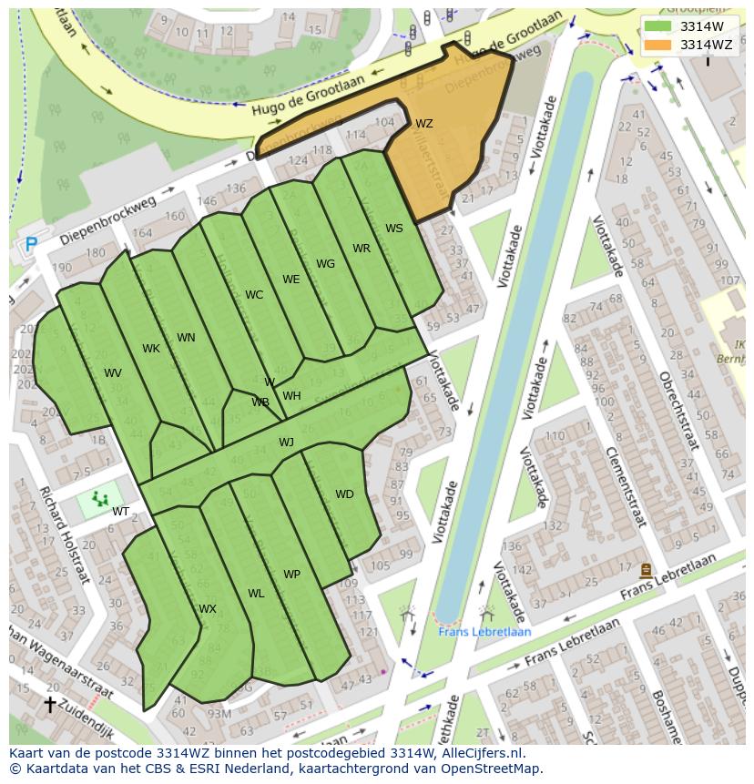 Afbeelding van het postcodegebied 3314 WZ op de kaart.