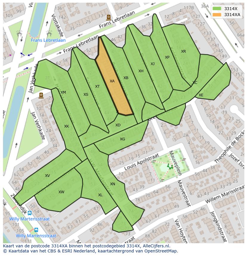 Afbeelding van het postcodegebied 3314 XA op de kaart.