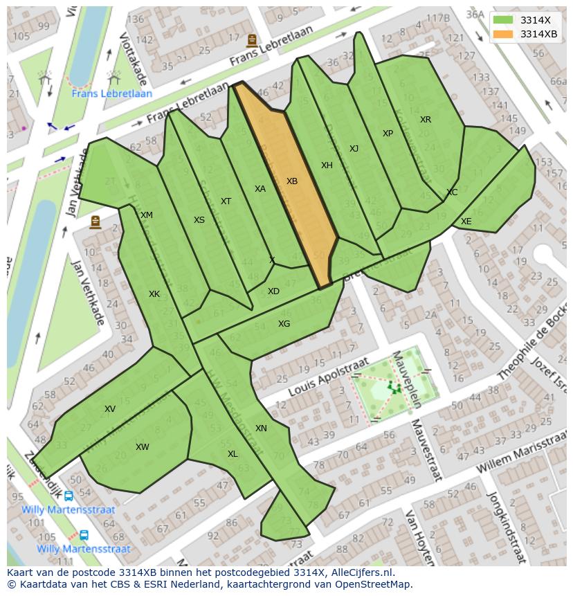 Afbeelding van het postcodegebied 3314 XB op de kaart.