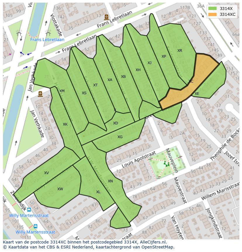 Afbeelding van het postcodegebied 3314 XC op de kaart.