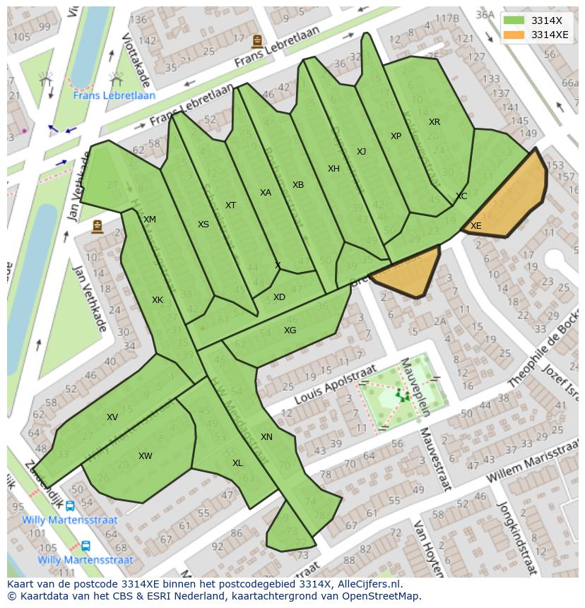 Afbeelding van het postcodegebied 3314 XE op de kaart.