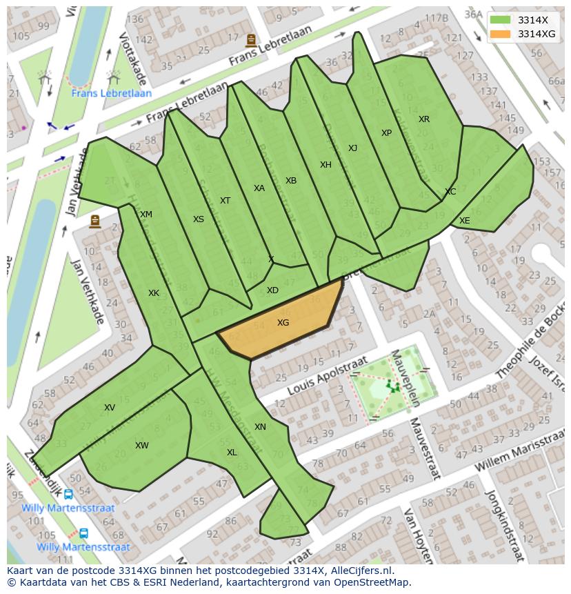 Afbeelding van het postcodegebied 3314 XG op de kaart.