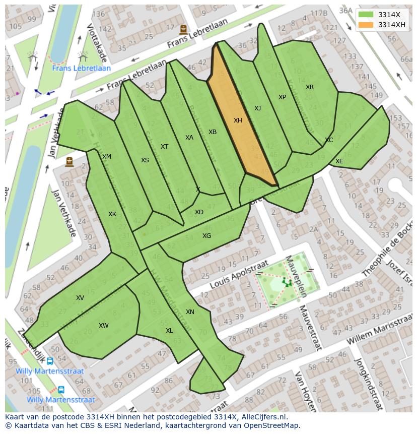 Afbeelding van het postcodegebied 3314 XH op de kaart.