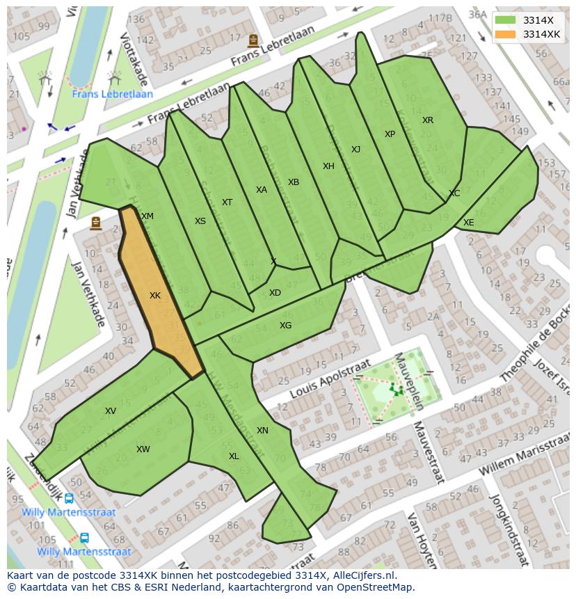 Afbeelding van het postcodegebied 3314 XK op de kaart.