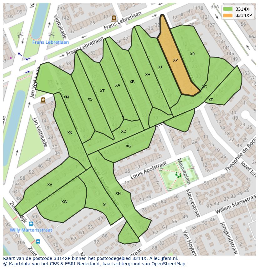 Afbeelding van het postcodegebied 3314 XP op de kaart.