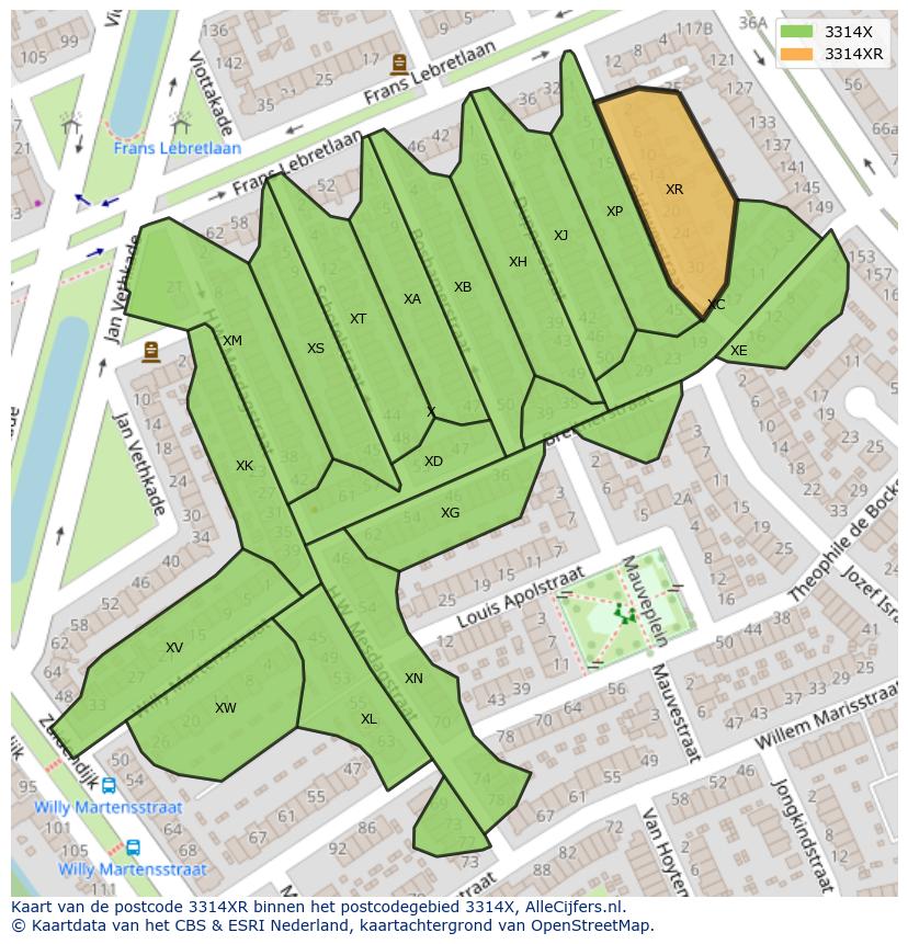Afbeelding van het postcodegebied 3314 XR op de kaart.