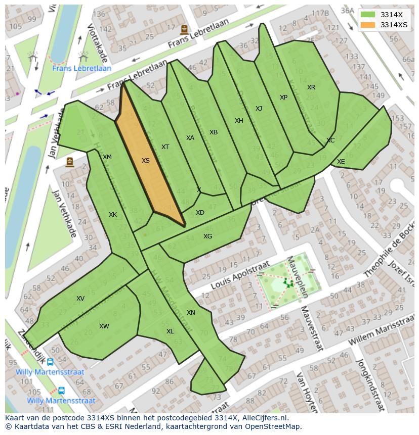 Afbeelding van het postcodegebied 3314 XS op de kaart.