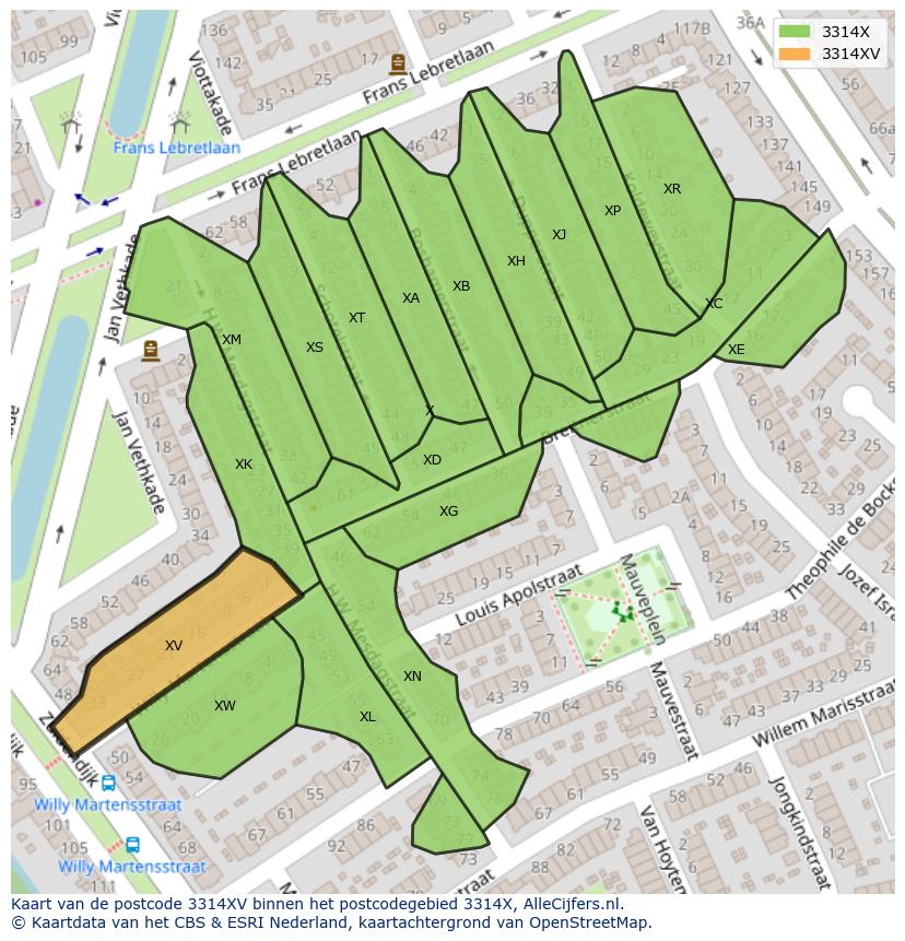 Afbeelding van het postcodegebied 3314 XV op de kaart.