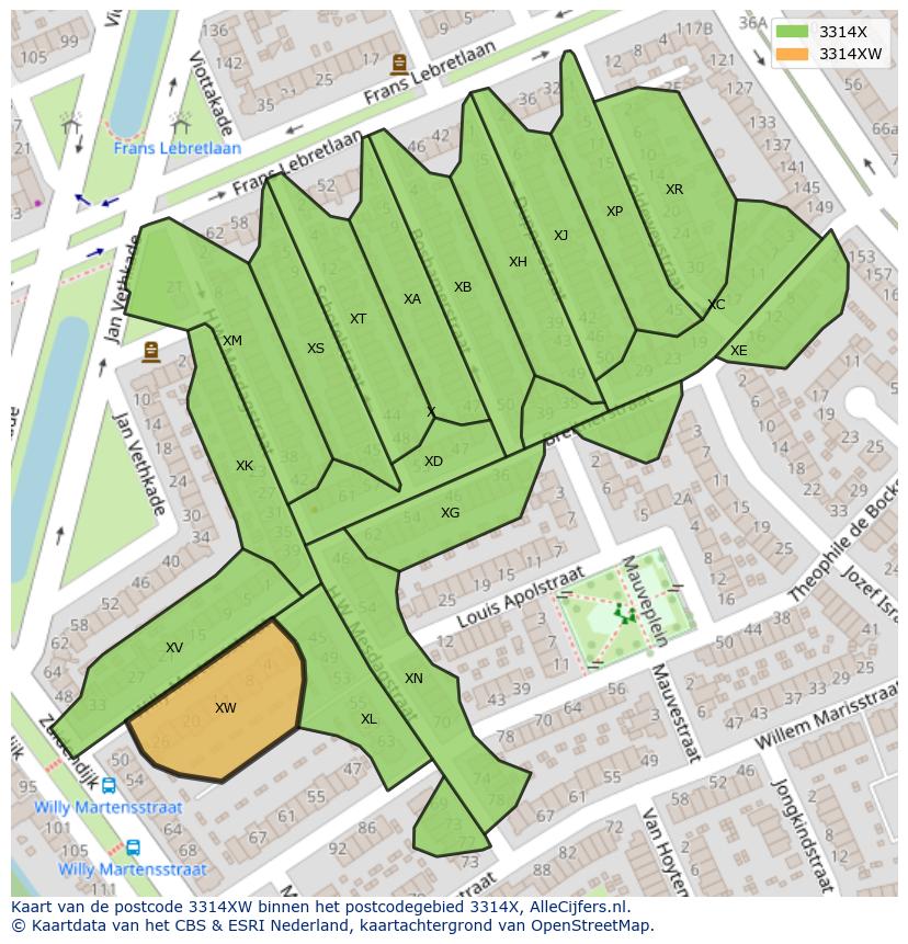 Afbeelding van het postcodegebied 3314 XW op de kaart.