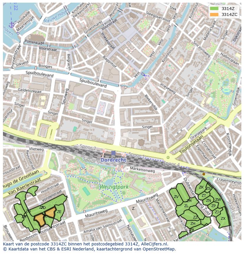 Afbeelding van het postcodegebied 3314 ZC op de kaart.