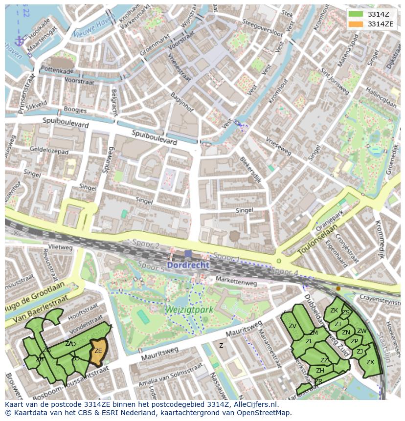 Afbeelding van het postcodegebied 3314 ZE op de kaart.