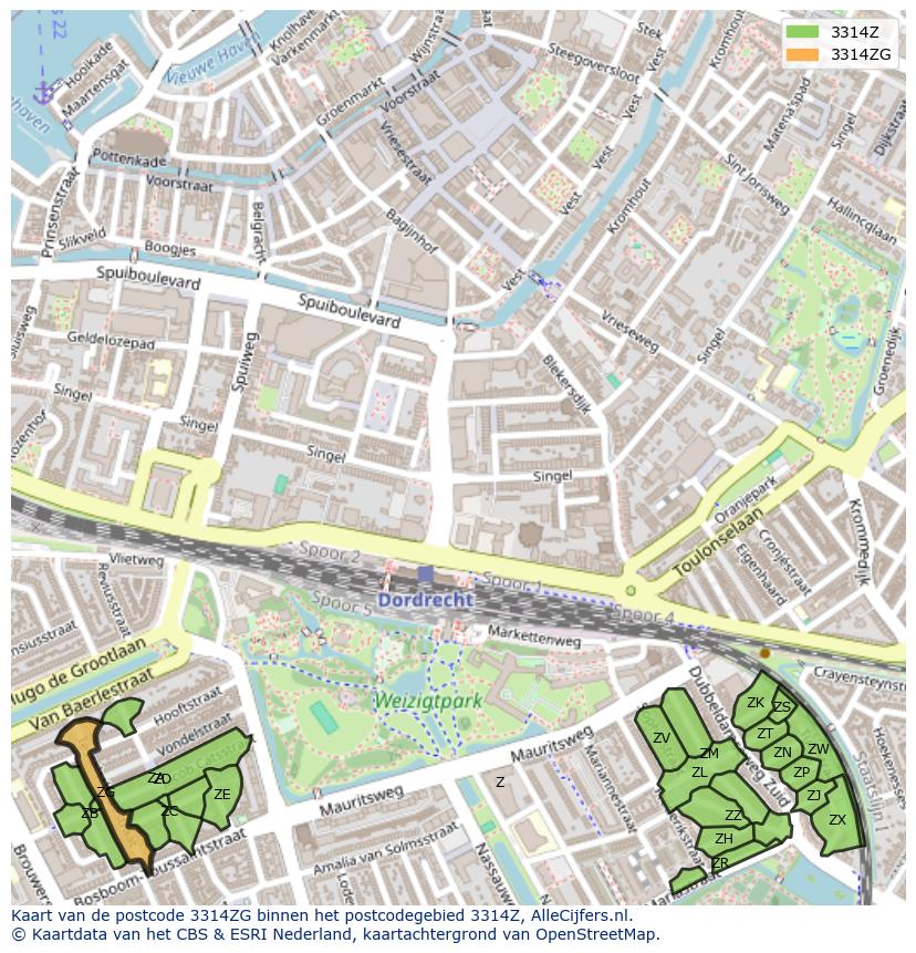 Afbeelding van het postcodegebied 3314 ZG op de kaart.