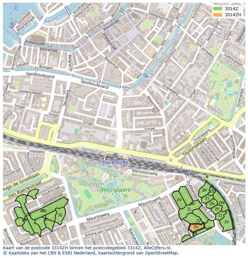 Afbeelding van het postcodegebied 3314 ZH op de kaart.