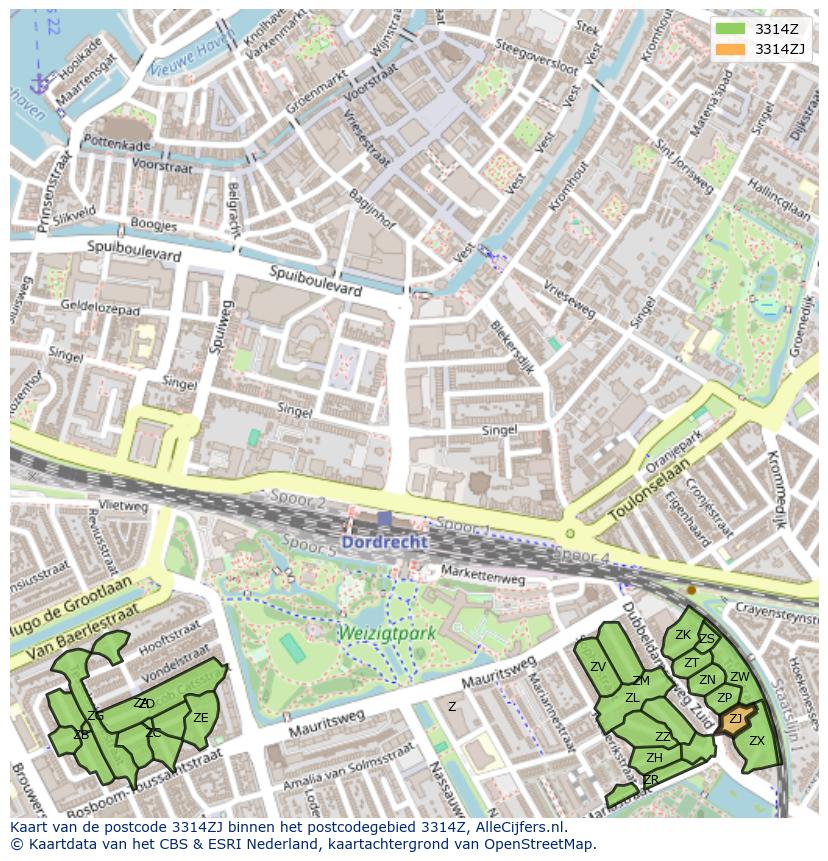 Afbeelding van het postcodegebied 3314 ZJ op de kaart.