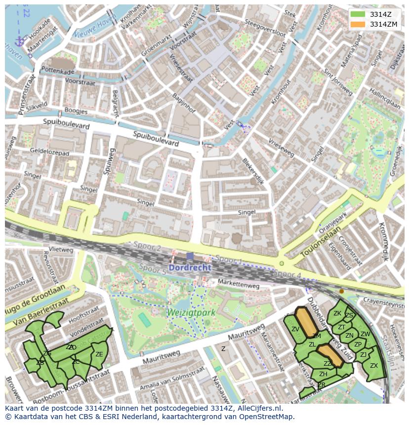 Afbeelding van het postcodegebied 3314 ZM op de kaart.